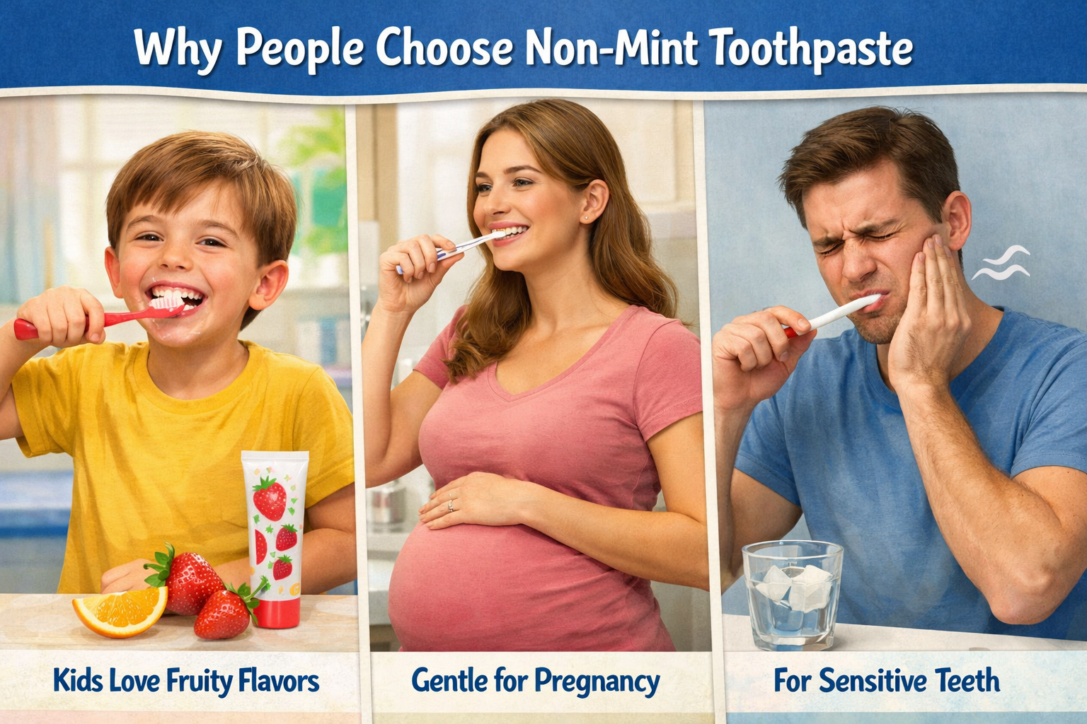 Users choosing non-mint toothpaste for sensitivity pregnancy and children oral care