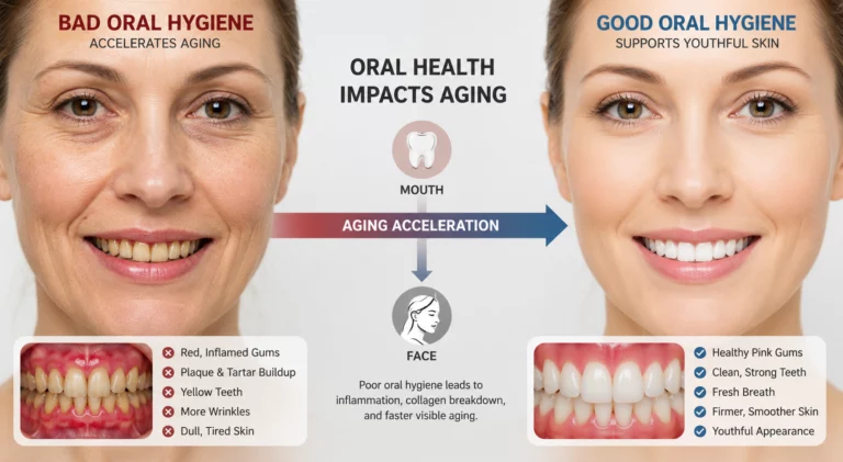 bad oral hygiene aging face comparison healthy vs unhealthy smile aging effects