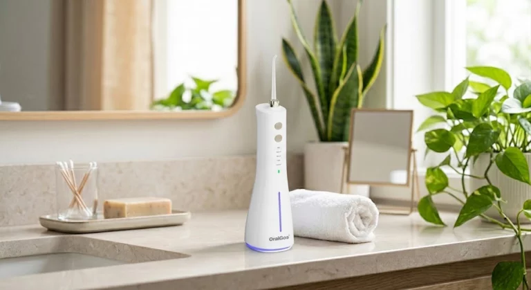 Clean water flosser on a bathroom counter representing pristine oral hygiene
