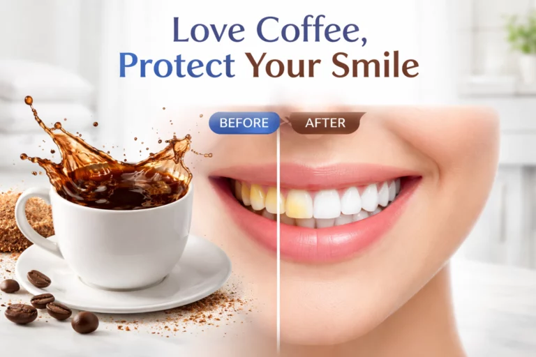 coffee and teeth staining comparison showing before and after discoloration from daily coffee drinking