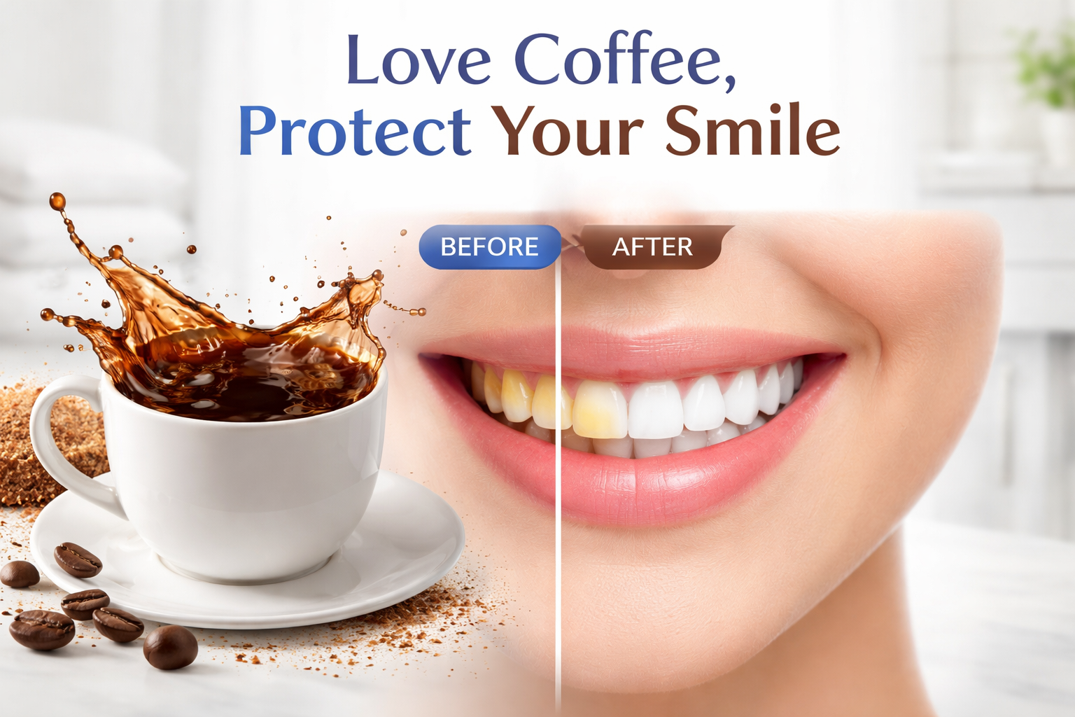 coffee and teeth staining comparison showing before and after discoloration from daily coffee drinking