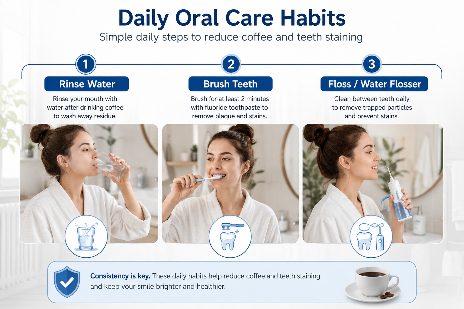daily oral care routine to reduce coffee and teeth staining including brushing and flossing steps