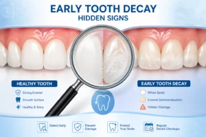 early tooth decay hidden signs comparison healthy vs affected teeth