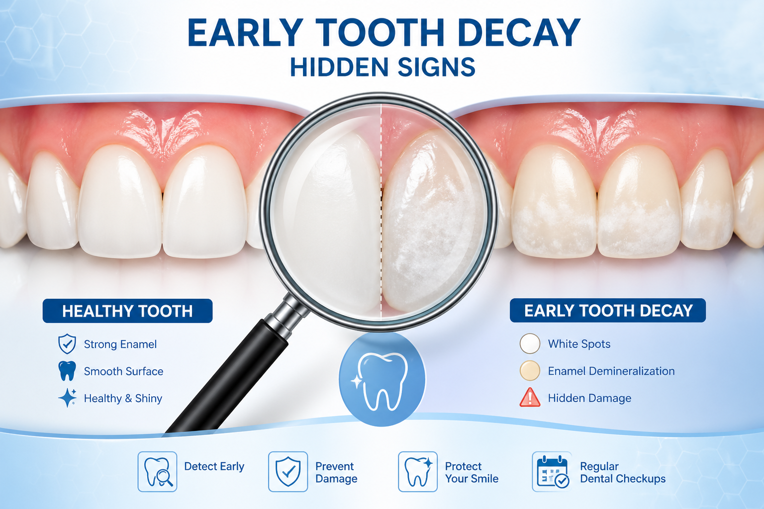 early tooth decay hidden signs comparison healthy vs affected teeth