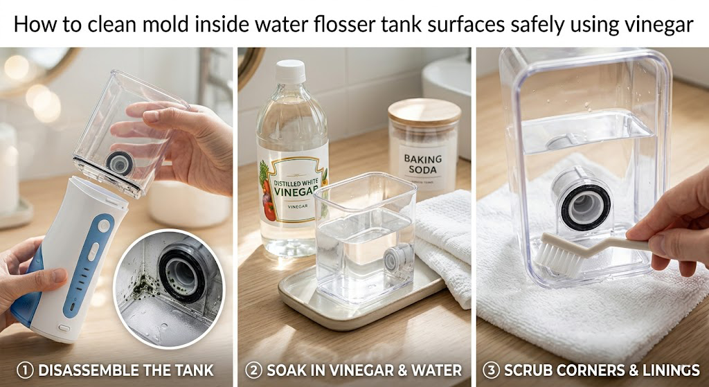 How to clean mold inside water flosser tank surfaces safely using vinegar