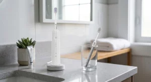 A modern white electric toothbrush with LED icons on a charging base, alongside a patterned manual toothbrush in a glass tumbler on a marble bathroom vanity. A small plant and toothpaste are in the background.