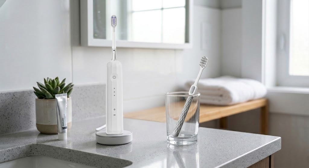 A modern white electric toothbrush with LED icons on a charging base, alongside a patterned manual toothbrush in a glass tumbler on a marble bathroom vanity. A small plant and toothpaste are in the background.