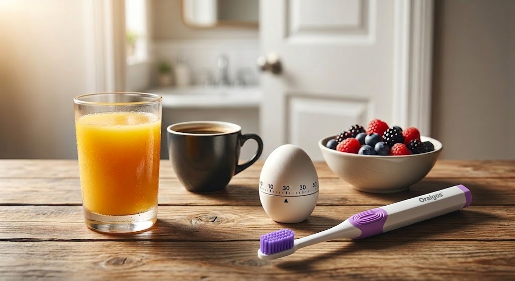 An Oralgos manual toothbrush with dense purple bristles and a white handle rests on a rustic wooden table. Beside the toothbrush sits an egg-shaped kitchen timer pointing near the 30-minute mark, a glass of fresh orange juice, a black mug of coffee, and a ceramic bowl filled with mixed berries. The background shows a softly blurred bathroom, illustrating a scientific morning oral care routine.