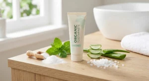 Organic toothpaste with mint leaves, baking soda, aloe vera, and xylitol ingredients arranged on a bright natural wooden surface with soft background blur