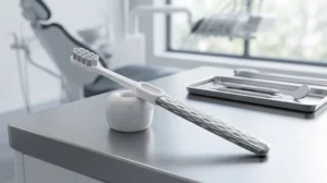 Professional manual toothbrush with silver-textured handle displayed in a modern dental clinic setting.