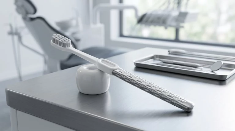 Professional manual toothbrush with silver-textured handle displayed in a modern dental clinic setting.