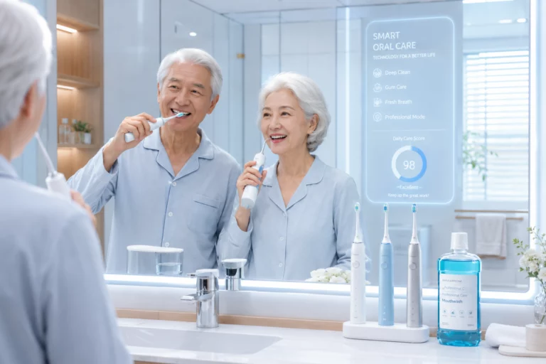 An elderly couple happily practicing modern senior dental care in a bright bathroom, using an electric toothbrush and a water flosser.