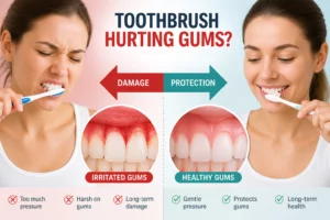 toothbrush hurting gums vs gentle brushing healthy gums comparison