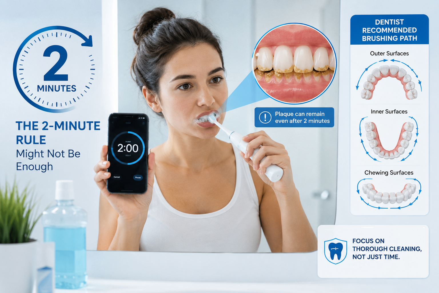person brushing teeth for two minutes while plaque remains visible in mirror