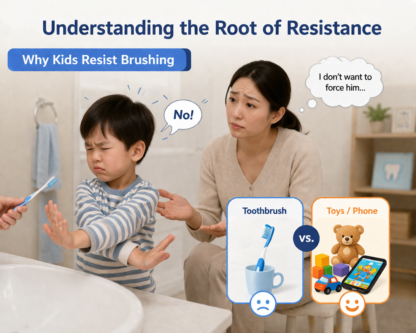 child resisting brushing teeth at home showing why it is difficult to get kids to brush teeth