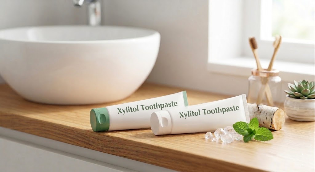 Xylitol toothpaste tubes on a wooden counter with birch bark, mint leaves, and xylitol crystals for oral health.