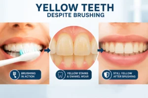 yellow teeth despite brushing showing plaque and enamel wear