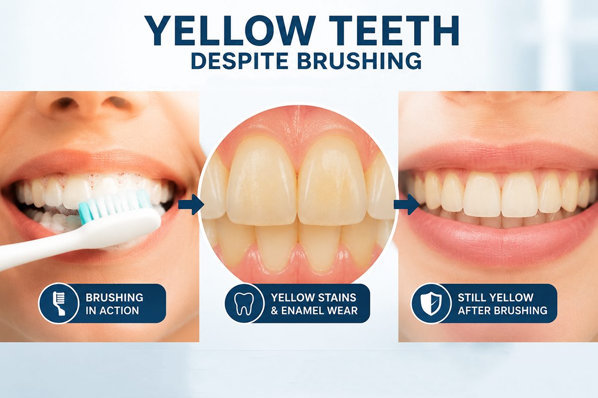 yellow teeth despite brushing showing plaque and enamel wear