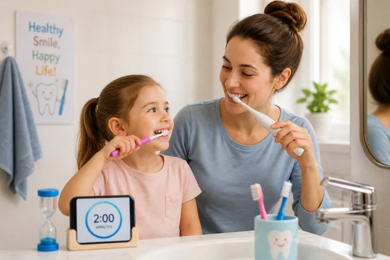 happy parent helping get kids to brush teeth together in a calm daily oral care routine