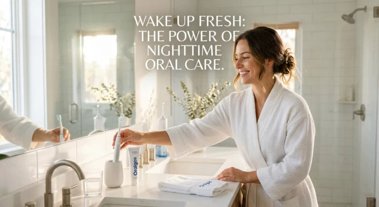 A smiling woman in a sunny bathroom using an Oralgos electric toothbrush to prevent morning breath.