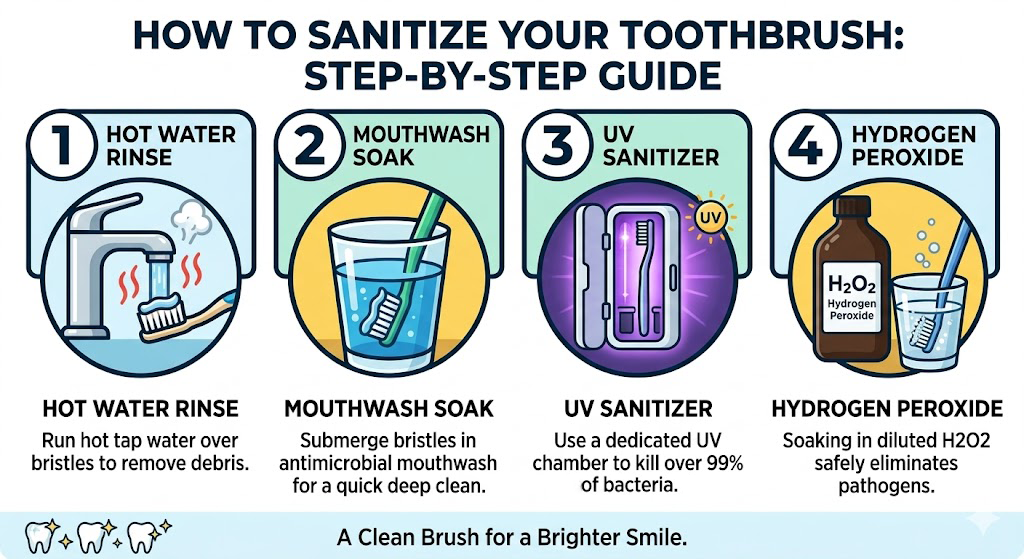 Infographic showing 4 steps to sanitize a toothbrush: hot water rinse, mouthwash soak, UV sanitizer, and hydrogen peroxide.