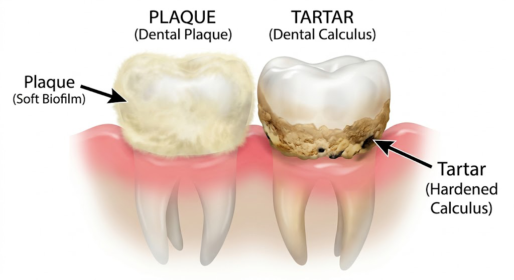 A side-by-side comparison diagram showing soft dental plaque on the left and hardened tartar calculus on the right.