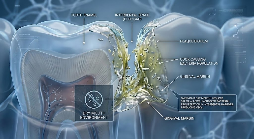 A 3D medical diagram showing plaque biofilm and morning breath bacteria multiplying in dry mouth conditions.