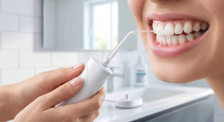A close-up of a person using a modern water flosser to blast away soft plaque between teeth to prevent tartar.