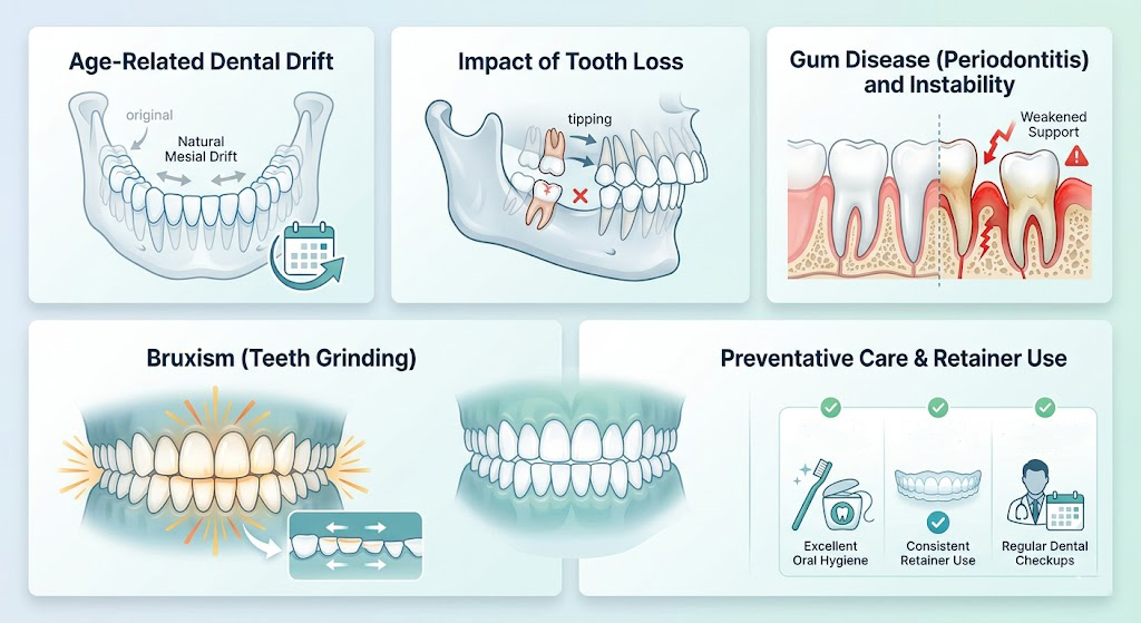 Infographic explaining why are my teeth shifting, covering age-related dental drift, tooth loss impact, gum disease periodontitis, bruxism teeth grinding, and preventative alignment care.