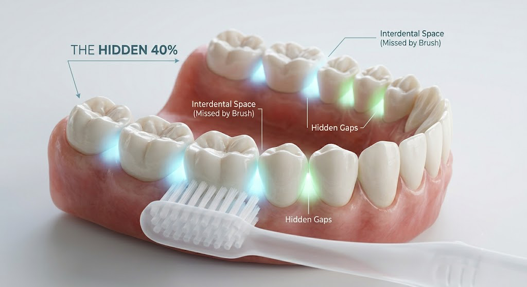 A detailed 3D dental model with light glowing in the gaps between teeth, representing hidden interdental spaces.