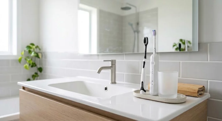 A clean and modern bathroom sink with an electric toothbrush on a tray.