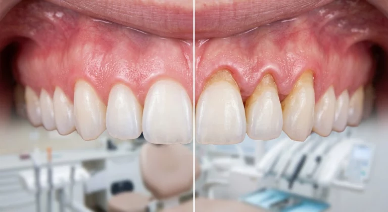 Medical comparison of healthy tissue versus receding gums with exposed tooth roots.