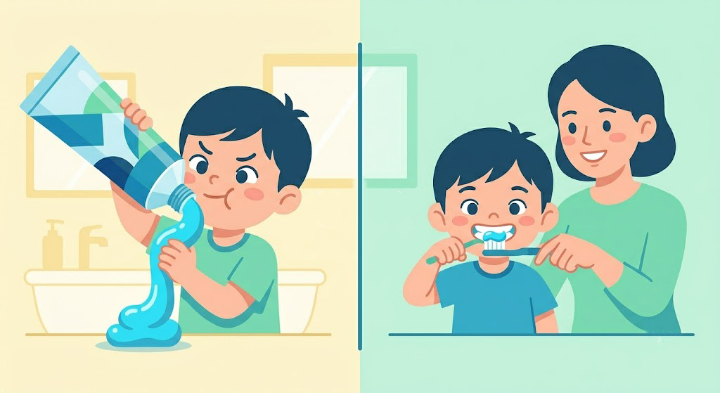 Safety comparison showing how to prevent a child from trying to swallow toothpaste by using parental supervision and a pea-sized amount.