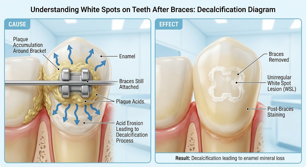 Diagram showing how decalcification causes white spots on teeth after braces