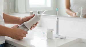 A person holding a water flosser and dental floss next to a toothbrush, illustrating whether to floss before or after brushing.