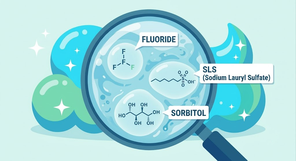 Close-up illustrative view identifying chemical labels for Fluoride, SLS, and Sorbitol within toothpaste foam.