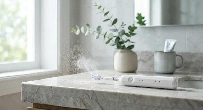 Sonic electric toothbrush on a marble counter illustrating how to fix common brushing mistakes