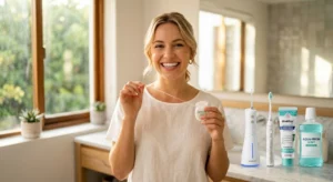 A woman holding dental floss in a bathroom with an OralGos cordless water flosser, electric toothbrush, and mouthwash on the counter, demonstrating the proper order of oral care.
