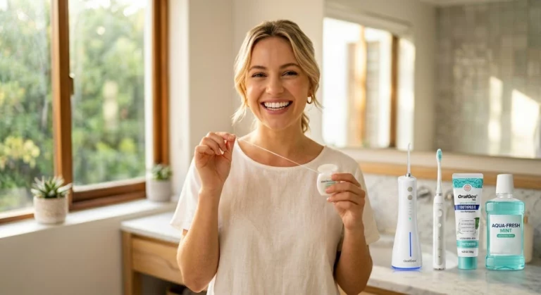 A woman holding dental floss in a bathroom with an OralGos cordless water flosser, electric toothbrush, and mouthwash on the counter, demonstrating the proper order of oral care.