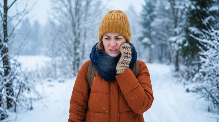 A person holding their painful cheek in the winter snow, wondering why teeth hurt in cold weather.