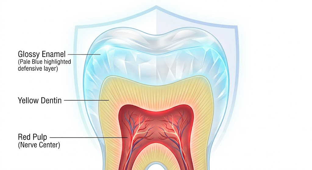 Anatomical cross-section of a healthy human tooth highlighting the protective enamel layer.