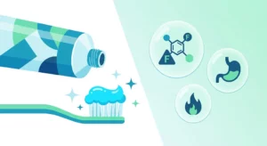 A modern illustration balancing the cleaning benefits of toothpaste with the potential chemical warning signs of ingestion.