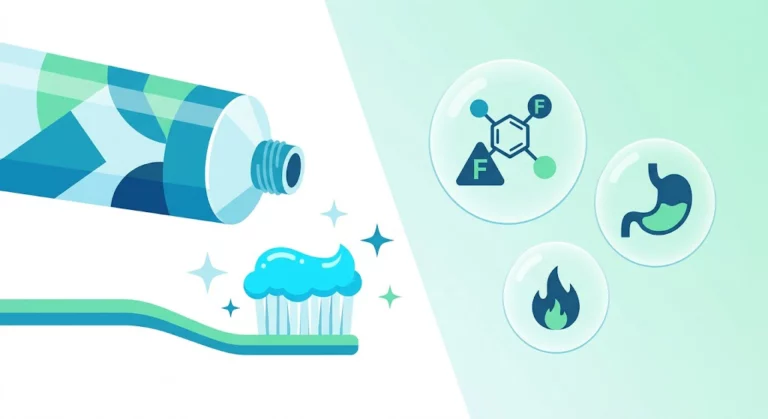 A modern illustration balancing the cleaning benefits of toothpaste with the potential chemical warning signs of ingestion.