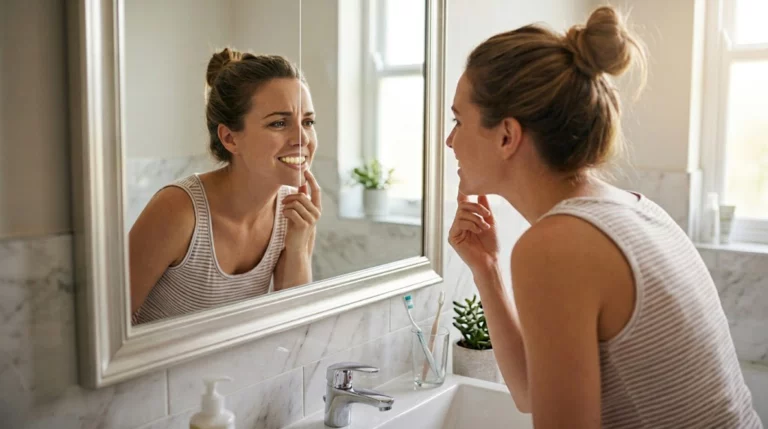 A person looking in the mirror wondering why are my teeth yellowing