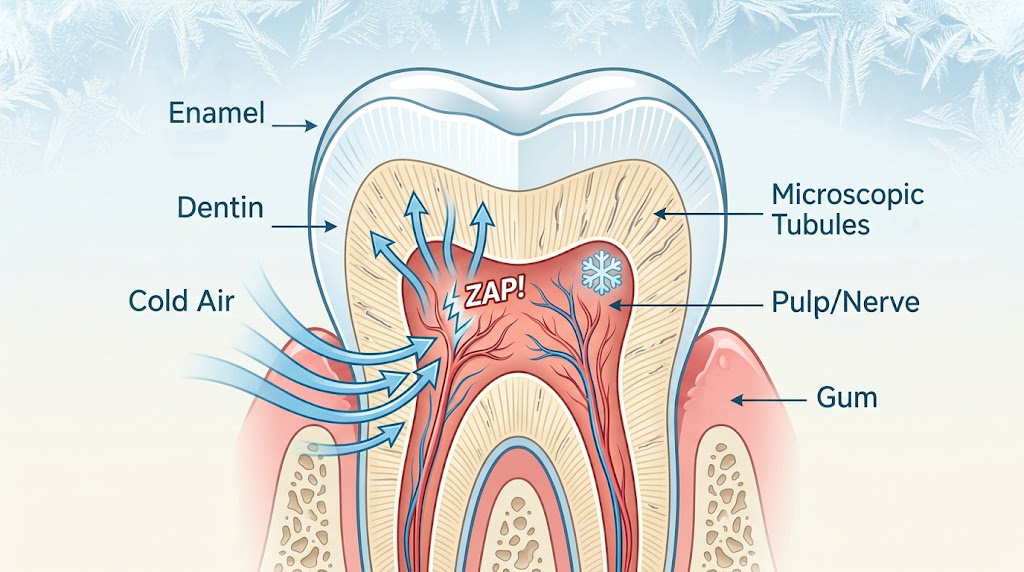 Medical diagram showing how cold air penetrates dentin tubules to cause winter tooth sensitivity.