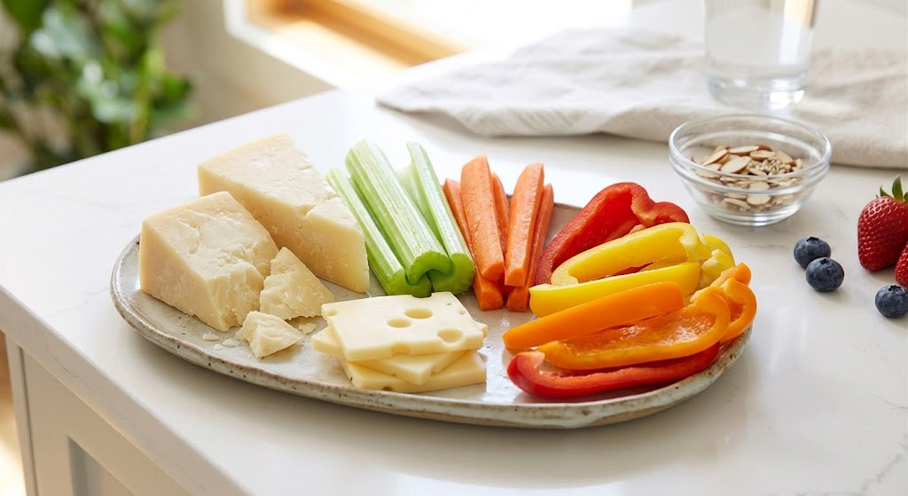 A close-up of crunchy vegetables and cheese, which are among the best foods for strong teeth and healthy gums.
