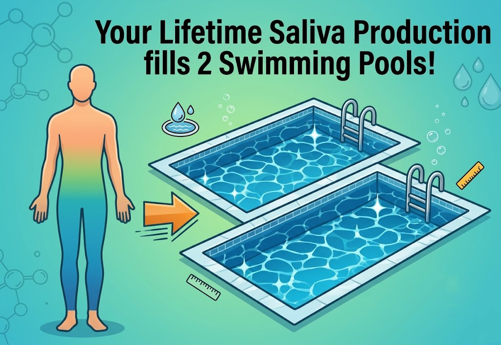 Infographic displaying fun dental facts about human saliva production compared to swimming pools.