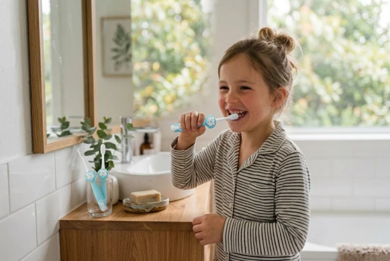 A young child smiling happily in a modern bathroom while brushing with a sustainable, non toxic kids toothbrush.