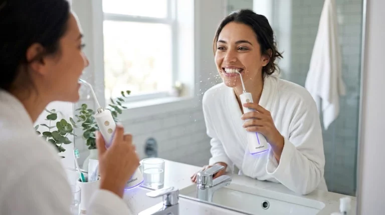 A woman smiling confidently while safely using a water flosser daily at a 90-degree angle in a modern bathroom.
