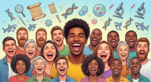 A bright and fun illustration of a smiling person surrounded by quirky historical and biological dental icons.